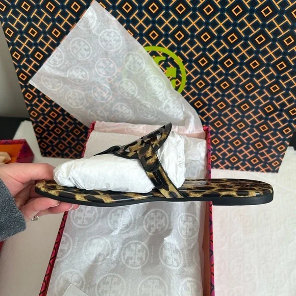 Tory Burch Miller Printed Patent Sandal Natural Leopard Size 5 Tan Brown Black